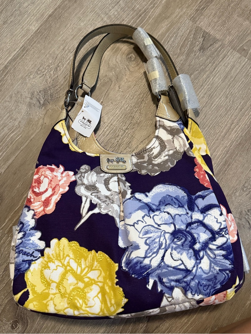 Coach Blue Navy Floral Canvas Flower Leather Shoulder Bag Purse Retired
